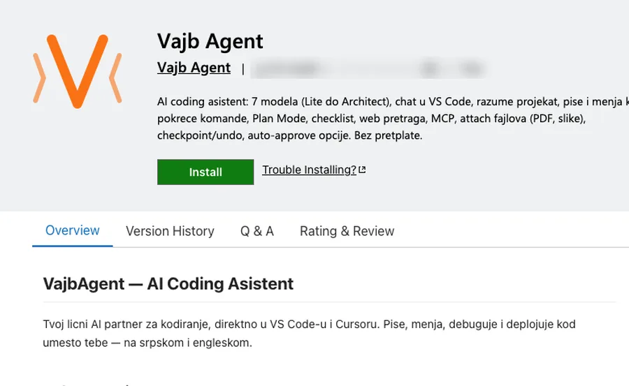 VajbAgent na VS Code Marketplace-u